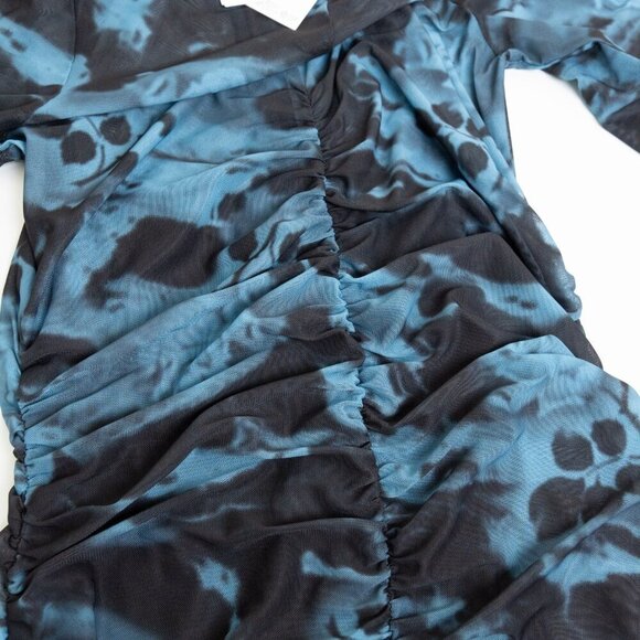 GANNI Blue Printed Mesh O-neck Ruched Long Dress Floral Size 36 - Picture 8 of 14